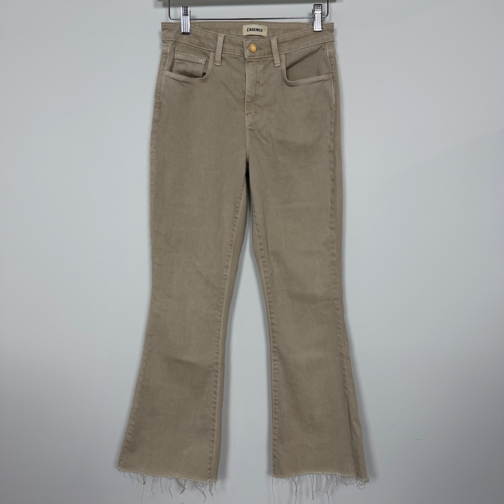 L'AGENCE Tan Khaki High Rise Flare Jeans Raw Hem Size 26
